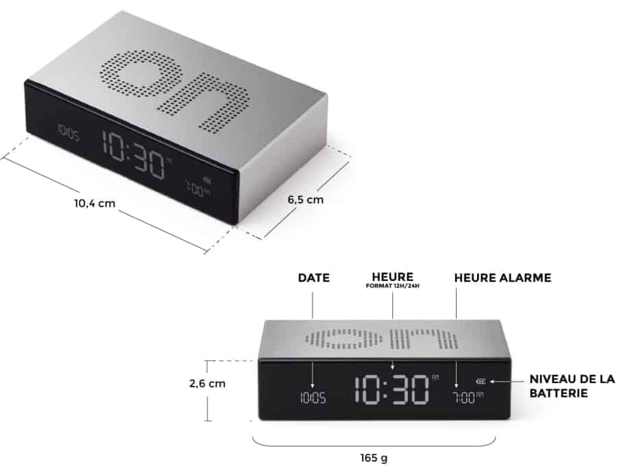 Le réveil réversible qui vous simplifie la vie : rechargeable et à écran LCD 3 Flip+ dimensions
