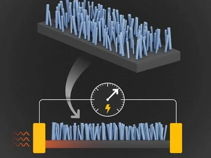 NIST : un pont entre chaleur perdue et électricité générée 2 Illustration de nanopiliers utilisés dans une nouvelle conception pour convertir efficacement l'énergie thermique en électricité. (Image : S. Kelley/NIST)