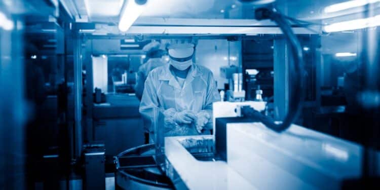 Technicien en laboratoire ajustant des équipements, atmosphère bleutée.