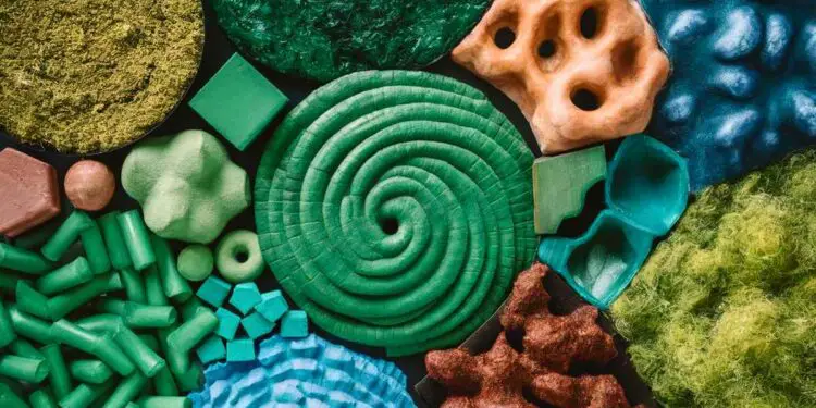 Textures et formes variées en matériaux écologiques colorés.
