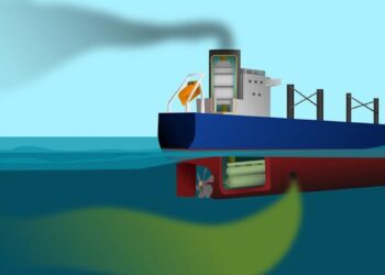 Bateau polluant l'océan, fumée et déchets.