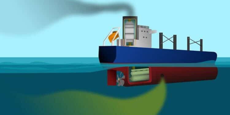 Bateau polluant l'océan, fumée et déchets.