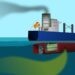 Bateau polluant l'océan, fumée et déchets.