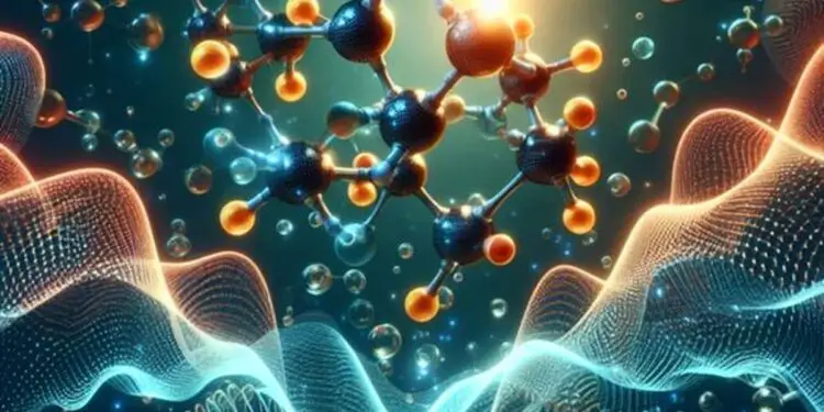 Molécule 3D lumineuse entourée de particules.