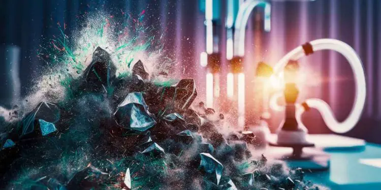 Explosion de cristaux sous éclairage néon futuriste.