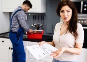 Femme surprise avec une facture de réparations coûteuses à la maison