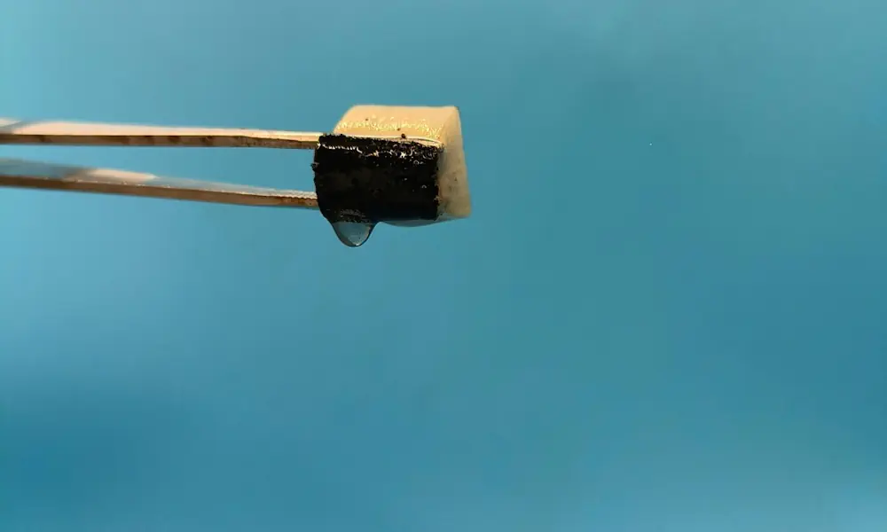 Une paire de pinces presse l'eau du matériau spongieux mis au point par l'équipe. Crédit : Xingying Zhang