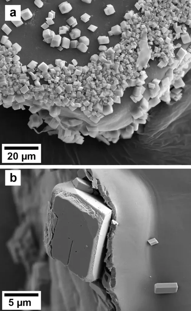 Images au microscope électronique à haute résolution (a) du coin d’une particule pailletée, dans lequel des fissures et des imperfections de surface ont favorisé la formation de cristaux de calcite, et (b) du calcite qui commence à se détacher et à perturber la structure en couches du microplastique.