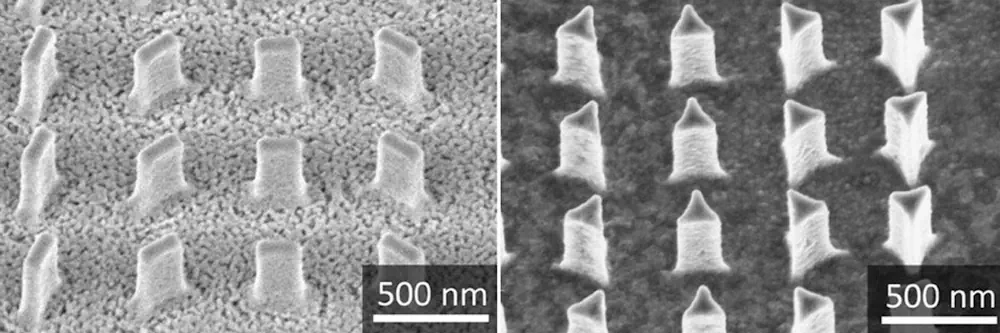 Image microscopique de différentes nanostructures utilisées dans les lentilles métalliques.