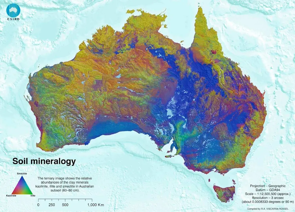 Carte montrant la répartition des différents types d'argile dans le sous-sol australien, l'argile illite étant représentée en vert.