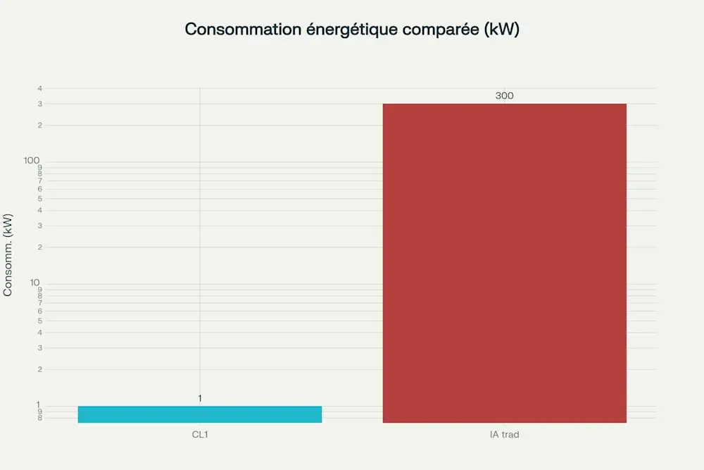 Comparaison de la consommation énergétique entre le bio-ordinateur CL1 et l'IA traditionnelle (en kilowatts)