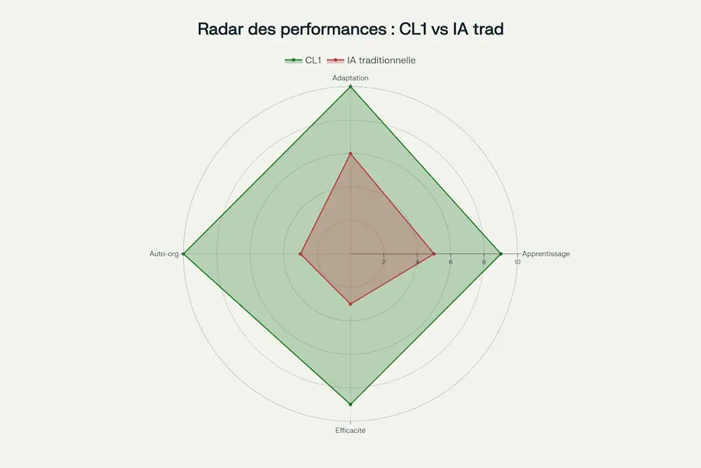 Radar comparatif des performances entre le bio-ordinateur CL1 et l'IA traditionnelle