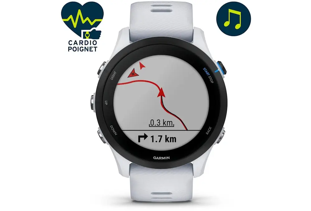 Garmin Forerunner 255s montrant un itinéraire et les fonctions de suivi de la condition physique.