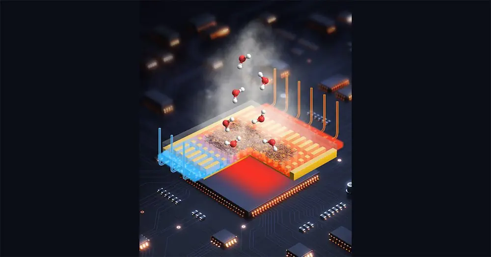 Illustration d'une membrane en fibre qui élimine la chaleur d'une puce électronique par évaporation.
