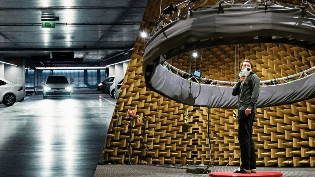À l'aide d'un pistolet transformé en pointeur laser, un cobaye du laboratoire d'acoustique de Chalmers tente de localiser les signaux sonores émis par les voitures électriques.
