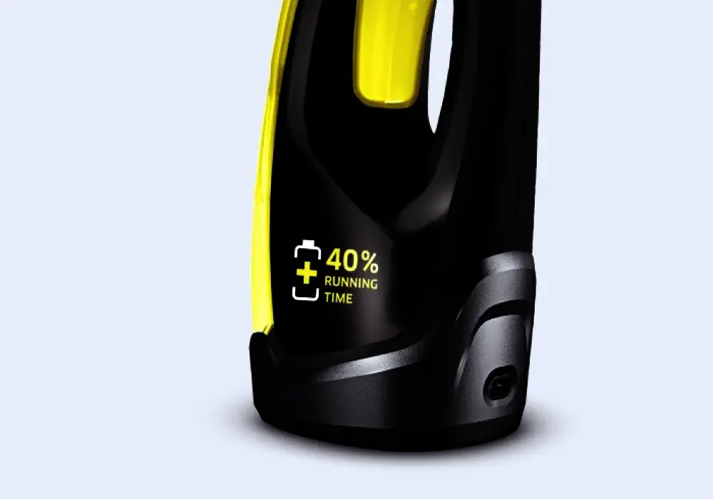 Vue rapprochée du Kärcher WV 2 Black Edition qui met en évidence son autonomie accrue de 40%.
