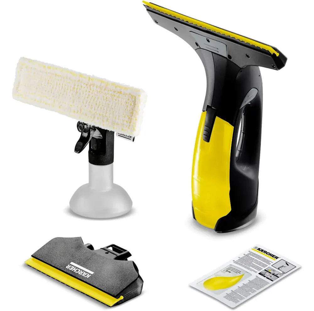 Le set de nettoyage de vitres Kärcher WV 2 Black Edition, comprenant l'unité principale, le flacon pulvérisateur avec tampon en microfibre, la raclette supplémentaire et le manuel d'utilisation.