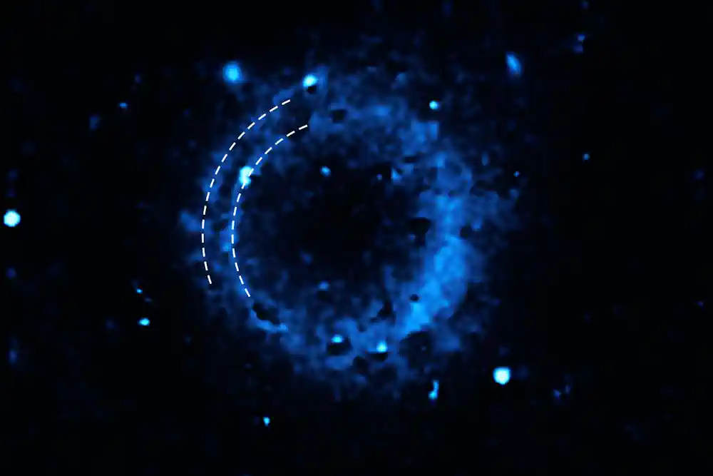 Cette image montre la distribution du calcium dans le reste de supernova SNR 0509-67.5. Les données ont été capturées par l'instrument Multi-Unit Spectroscopic Explorer (MUSE) du Very Large Telescope (VLT) de l'ESO. Les courbes superposées montrent deux coquilles concentriques de calcium qui ont été éjectées lors de deux détonations distinctes au moment de la mort de l'étoile, il y a plusieurs centaines d'années.