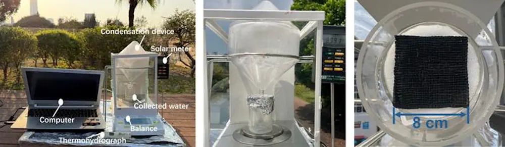 Légende : Un dispositif sur mesure permet d'éliminer le sel de l'eau de mer à la lumière naturelle du soleil, à l'aide d'un bécher d'eau de mer, d'un morceau d'aérogel noir et d'un bouchon en plastique incurvé qui s'égoutte dans un entonnoir et un bécher.