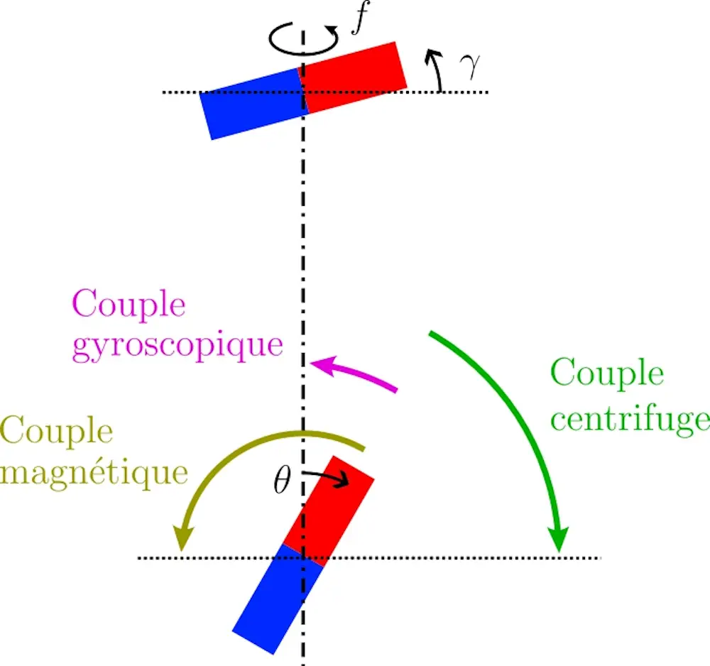 Équilibre des couples agissant sur l'aimant lévitant. L'aimant tournant (en haut), en rotation à la fréquence f, incliné d'un angle γ par rapport à l'horizontale, impose un couple magnétique à l'aimant lévitant (en bas). Celui-ci, soumis en outre au couple gyroscopique et au couple centrifuge, se stabilise à un angle d'équilibre θ par rapport à la verticale.