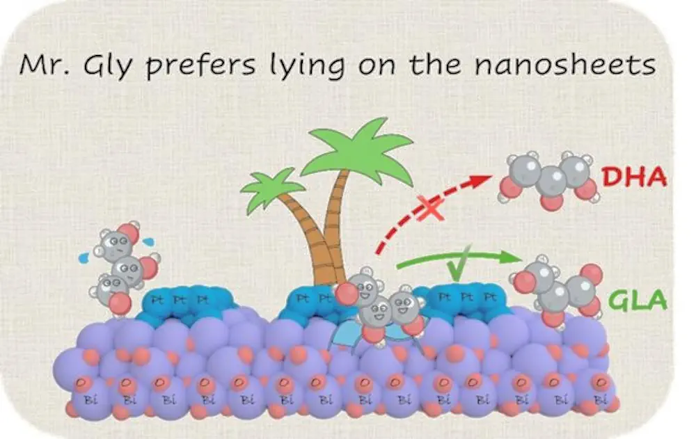 La configuration d'adsorption spécifique (couchée) du glycérol sur Pt1Bi1 DONS est plus favorable à son oxydation ciblée en acide glycérique.