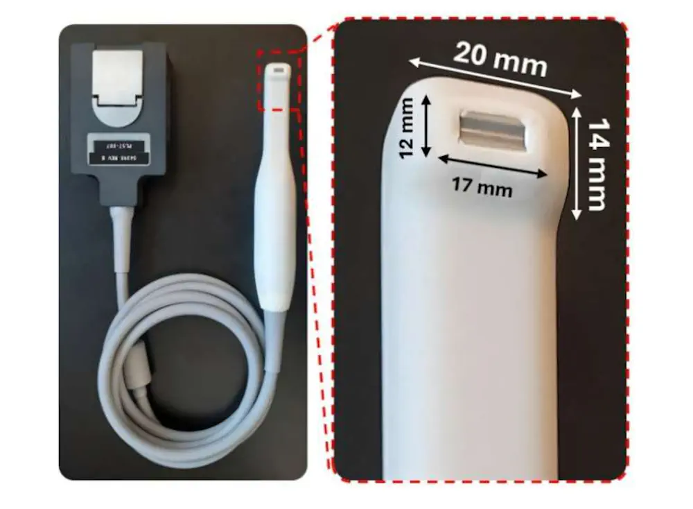 Le transducteur à ultrasons en forme de brosse à dents (image de gauche) est doté d'une tête de petite taille (image de droite), ce qui permet d'accéder facilement aux prémolaires et aux molaires à l'arrière de la bouche.