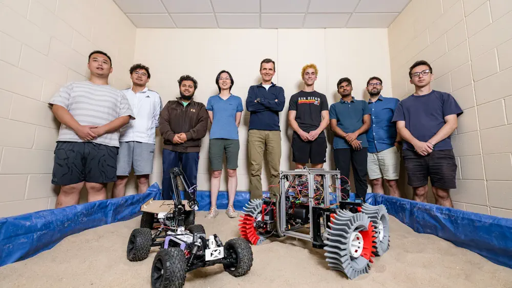 Le professeur Dan Negrut (au centre) avec les membres de son laboratoire d'ingénierie basée sur la simulation (SBEL) à UW-Madison.