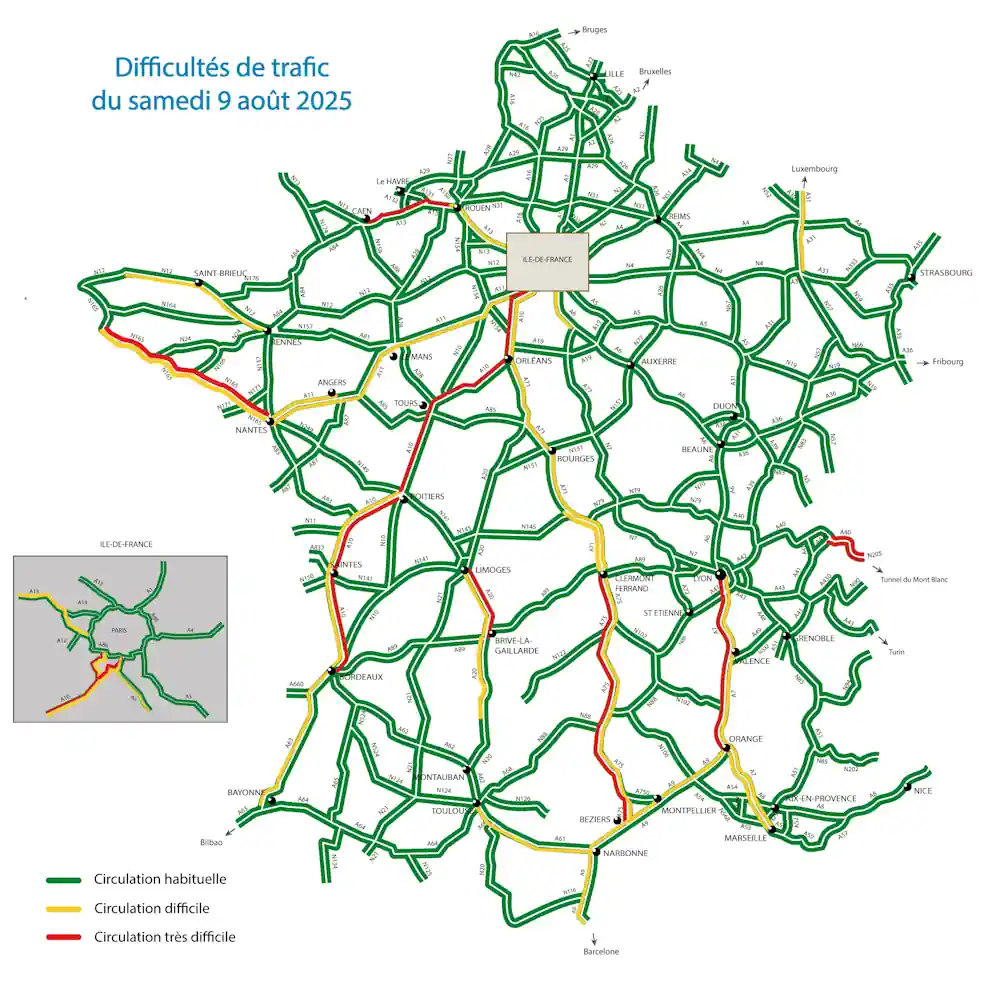 Carte trafic samedi 9 août 2025
