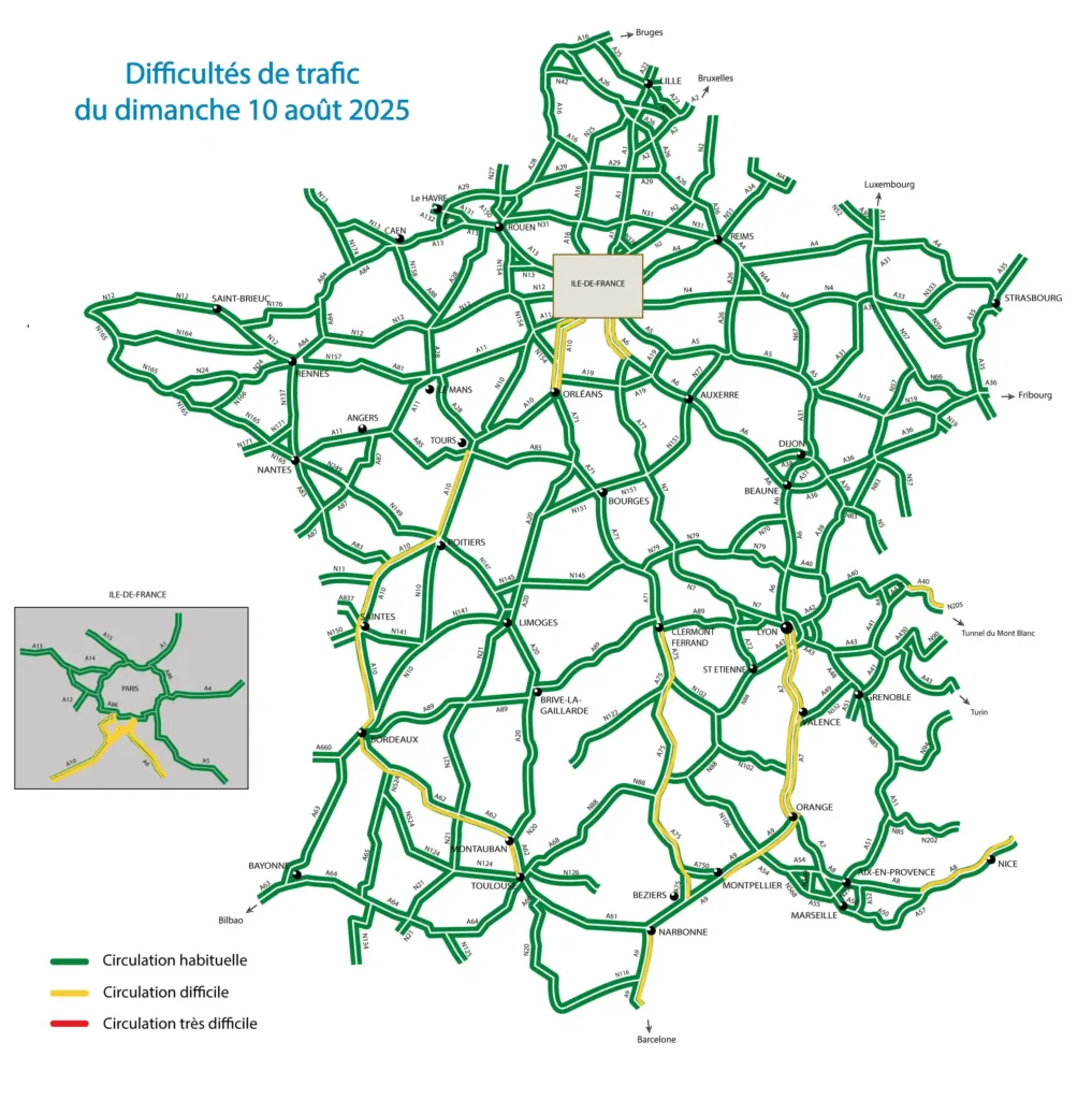 difficultés trafic dimanche 10 aout 2025