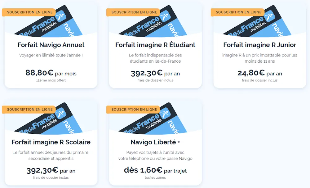 pass navigo liste des prix principaux au 25/08/2025