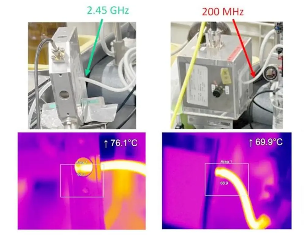 L'encre biologique est rapidement chauffée à différentes fréquences lorsqu'elle passe à travers l'applicateur. La caméra thermique montre l'augmentation rapide de la température du gel d'émulsion lors de l'application de micro-ondes.