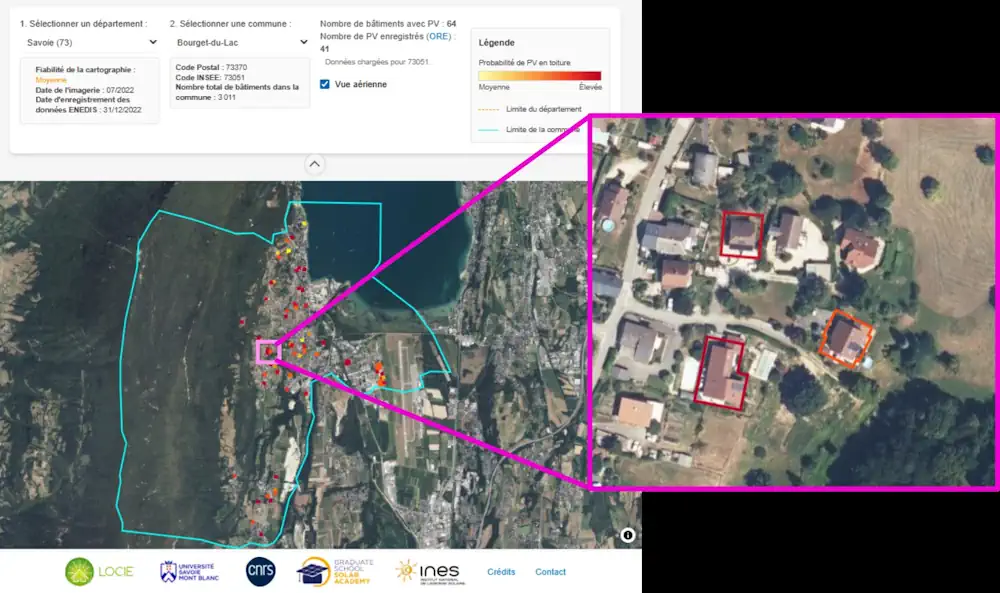 Un site web destiné aux municipalités et au public, permettant la visualisation de l'emplacement des toitures photovoltaïques sur le territoire Français, illustré ici avec le Bourget du Lac, devrait être accessible à l'automne.