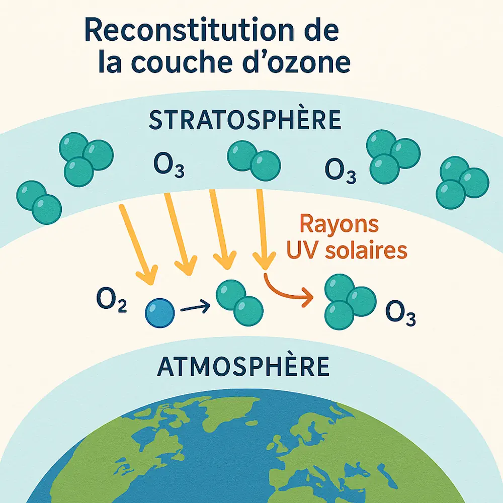 L’ozone (O₃) dans l’atmosphère est principalement fabriqué naturellement dans la stratosphère, à environ 15 à 35 kilomètres d’altitude, par un processus photochimique initié par les rayons ultraviolets (UV) du Soleil. Ce mécanisme, connu sous le nom de cycle de Chapman.