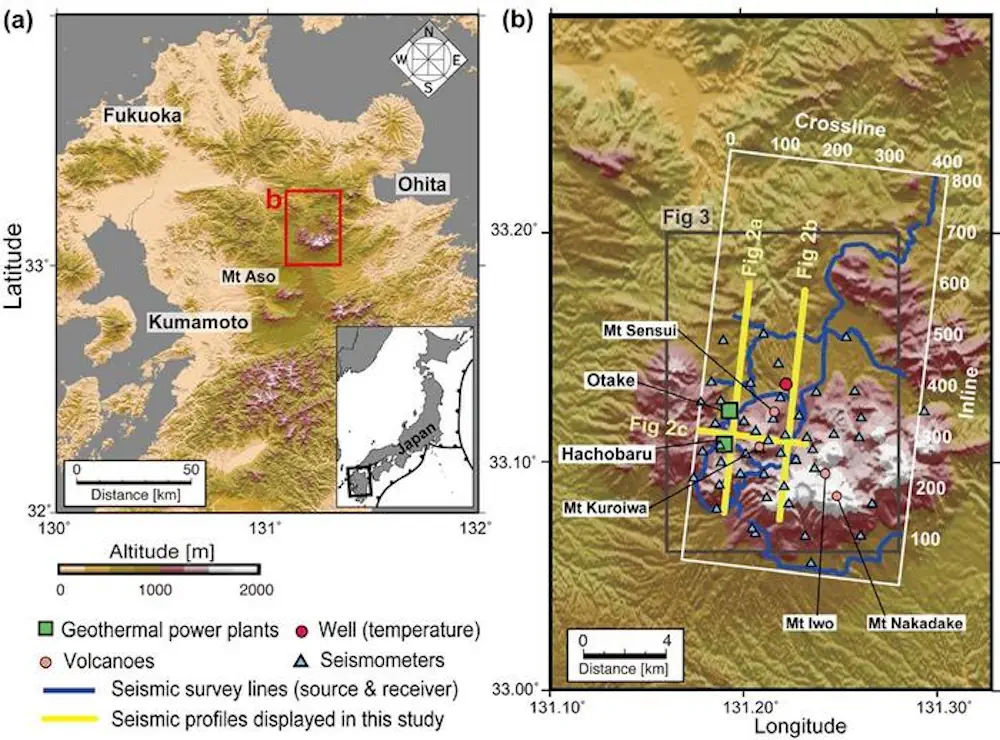 Les données de ce projet ont été recueillies dans la région de Kuju, à Kyushu, dans l'ouest du Japon. La carte montre les sites des volcans et les sismomètres enregistrant l'activité sismique, ainsi que deux centrales géothermiques, ce qui prouve que cette source d'énergie suscite déjà de l'intérêt.
