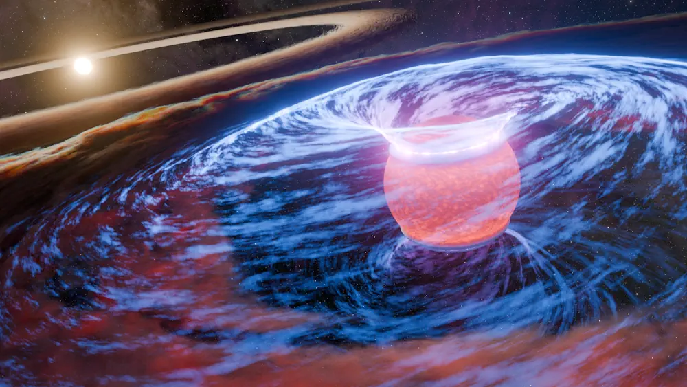 Ce concept d'artiste représente un gros plan de la protoplanète WISPIT 2b accrétant de la matière alors qu'elle orbite autour de son étoile, WISPIT 2