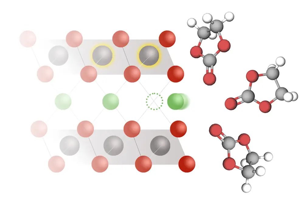 L'intercalation du lithium est le processus par lequel les ions lithium s'insèrent dans l'électrode solide d'une batterie lithium-ion. Les chercheurs du MIT ont montré que lorsque les ions lithium (verts) passent d'une solution électrolytique (à droite) à une électrode d'oxyde de cobalt (à gauche), les électrons pénètrent également dans l'électrode et réduisent le cobalt (atomes gris avec halo d'or).