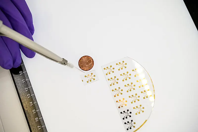 Un compte-gouttes est utilisé pour appliquer un liquide sur une puce acoustofluidique, qui utilise des ondes sonores pour guider des molécules en solution à travers des voies microfluidiques.
