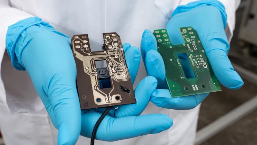 Le circuit imprimé "vert" n'est en fait pas vert, mais brun : À gauche, un circuit imprimé de souris en lignocellulose, à droite, un circuit imprimé de souris conventionnel fabriqué à partir de matières premières non renouvelables. 