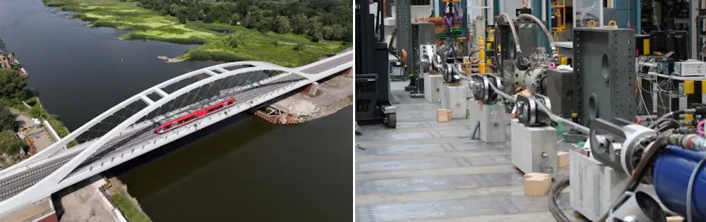 Gauche : Les trains franchissent le pont de l’Oder à une vitesse pouvant atteindre 120 km/h en utilisant pour la première fois des suspentes en carbone. Image : Deutsche Bahn AG / Oliver Lang ---- Droite : Les suspentes en plastique renforcé de fibres de carbone testées à l’Empa assurent stabilité et durabilité. Image : Empa