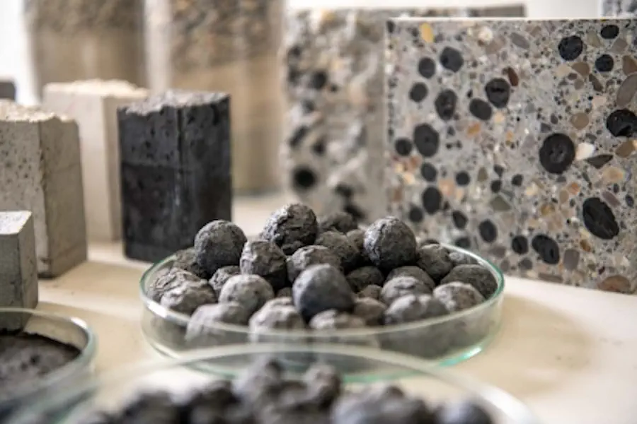 Le béton pourrait stocker des quantités très importantes de CO₂ si les granulats traditionnels étaient remplacés par des pellets de charbon végétal. Image : Empa