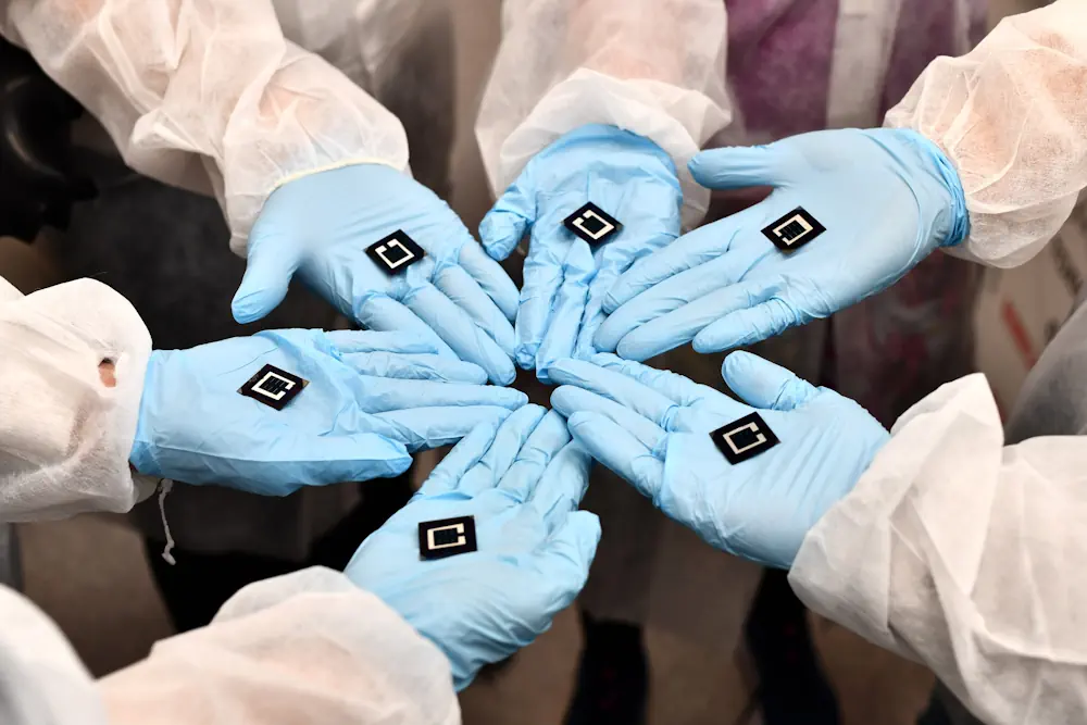 Cellules solaires en pérovskite d'un centimètre carré construites au Sydney Nanoscience Hub par une équipe dirigée par le professeur Anita Ho-Baillie.
