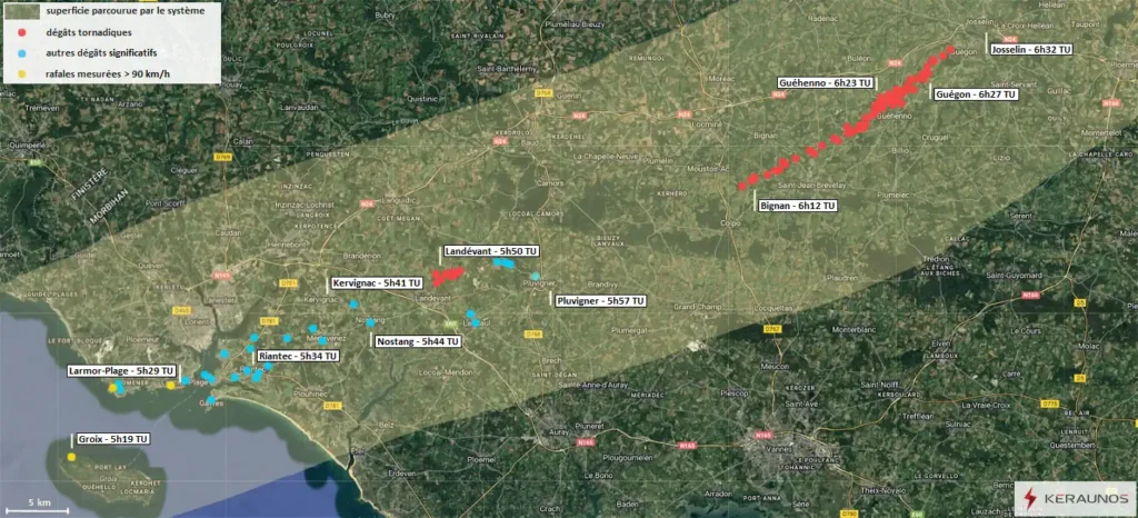 La carte ci-dessous illustre la chronologie de l'épisode venteux entre l'île de Groix et Josselin, soit sur un parcours de 80 kilomètres correspondant aux intensités les plus élevées (les horaires correspondent au passage du creux dépressionnaire de mésoéchelle