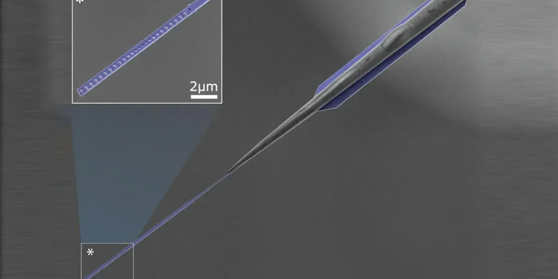 Image au microscope électronique du réservoir d'ondes superfluides (bleu) couplé à une fibre optique qui fait entrer et sortir la lumière laser du dispositif. Le zoom avant montre le résonateur à cristaux photoniques qui piège et amplifie la lumière laser pour permettre la génération d'ondes. La longueur totale du dispositif est de 100 microns, soit environ la largeur d'un cheveu humain. Crédit : Dr Christopher Baker
