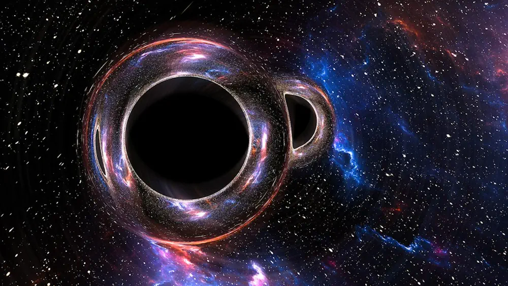 Illustration d'une paire de trous noirs fusionnant avec des masses différentes. La gravité des trous noirs plie et tord la lumière autour d'eux.