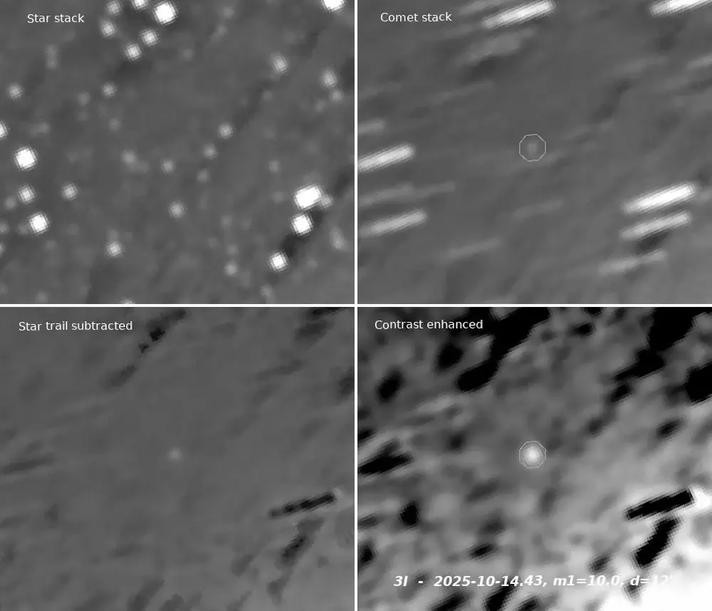 Traitement d'une image de 3I/ATLAS, prise le 14 octobre 2025 par la constellation de satellites PUNCH