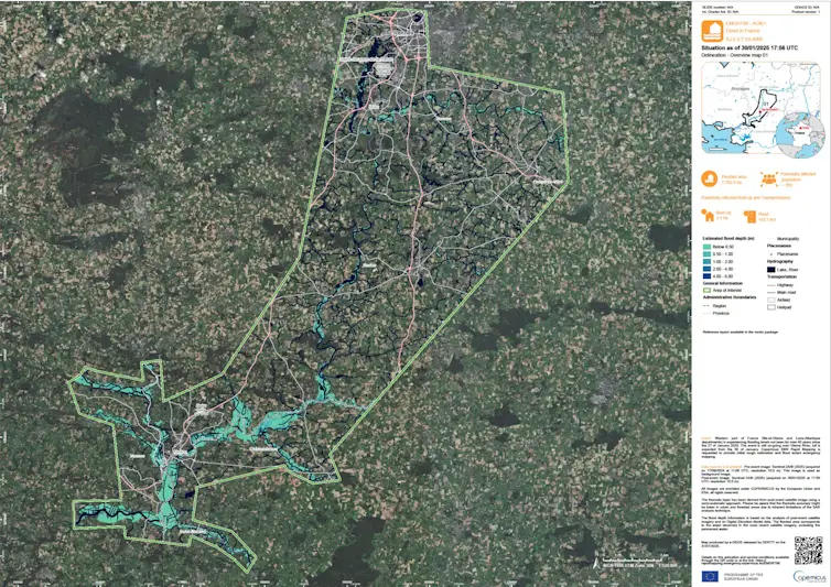 Cartographie rapide (réalisée en sept heures après l’acquisition satellite) de la hauteur et de l’étendue des inondations dans le département de l’Ille-et-Vilaine, fourni par le service de cartographie rapide de Copernicus, à partir de l’imagerie satellite radar à haute et à très haute résolution