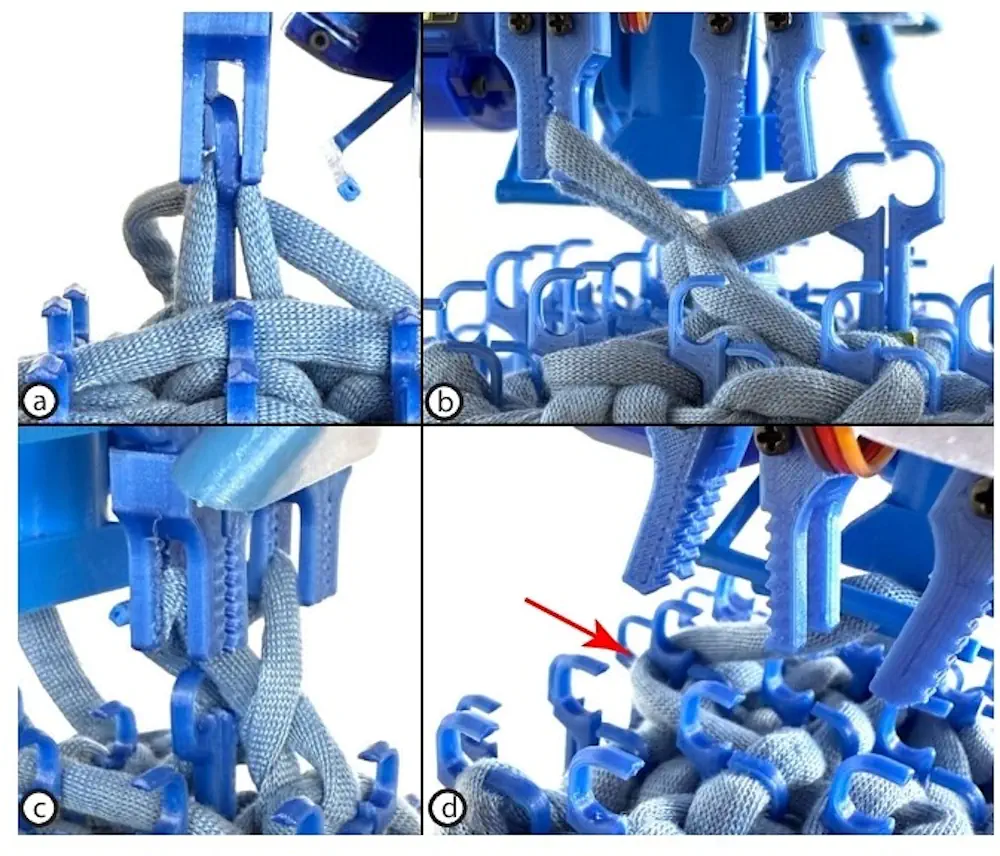 Nous avons sous-estimé les forces créées par la tension du fil sur notre système. La tension a créé des boucles allongées difficiles à saisir (a) et pouvait entraver le mouvement des aiguilles (b). Cela a entraîné une mauvaise insertion des boucles dans notre dispositif de préhension (c). Nous avons également observé que l'excès de fil pouvait entraîner son accrochage dans des espaces indésirables (d).
