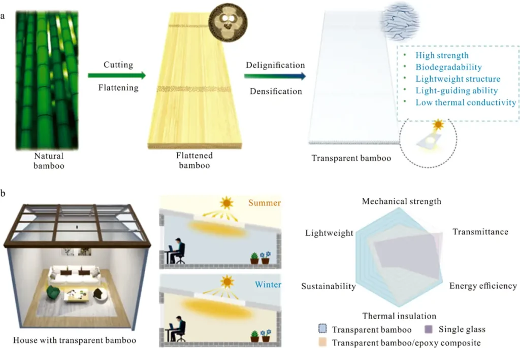 Fig. 1. (a) Schéma illustrant la conversion directe du bambou naturel en bambou transparent ; (b) Une maison avec un bambou transparent qui peut exploiter la lumière naturelle et réguler la chaleur solaire pour obtenir un éclairage confortable ; (c) Graphique radar comparant les propriétés du bambou transparent, des composites bambou transparent/époxy et du verre simple conventionnel utilisé pour les fenêtres des bâtiments.