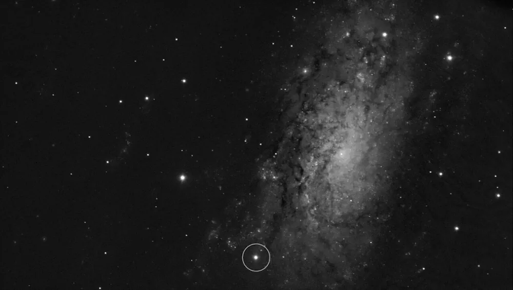 Cette image montre l'emplacement de la supernova SN 2024ggi dans la galaxie NGC 3621. Elle a été prise le 11 avril 2024, seulement 26 heures après la détection initiale de la supernova. L'image a été obtenue avec l'instrument FORS2 installé sur le Very Large Telescope (VLT) de l'ESO.