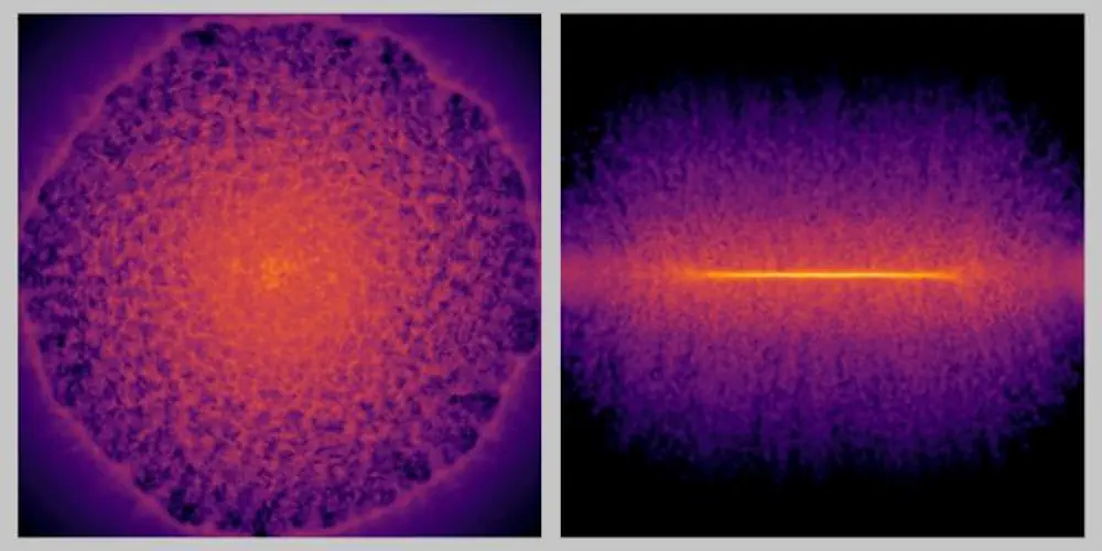 Instantanés de face (à gauche) et de profil (à droite) d'un disque galactique de gaz. Ces instantanés de la distribution du gaz après une explosion de supernova ont été générés par le modèle de substitution basé sur l'apprentissage profond.